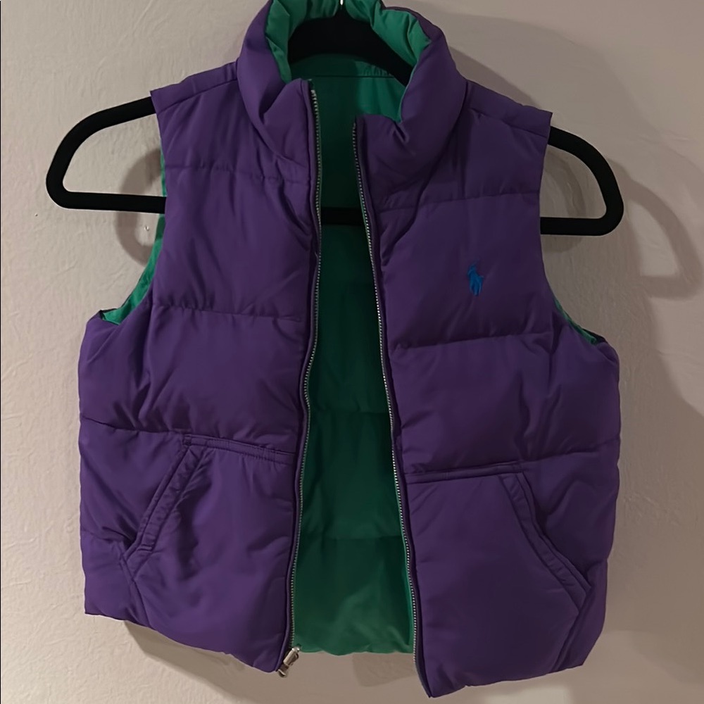 Ralph Lauren Reversible Purple/Green Puffer Vest with Blue Logo